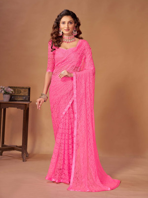 pridewear Self Design Bollywood Net Saree(Pink)