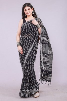 RP CREATION Printed, Blocked Printed, Color Block Bollywood Pure Cotton Saree(Black)
