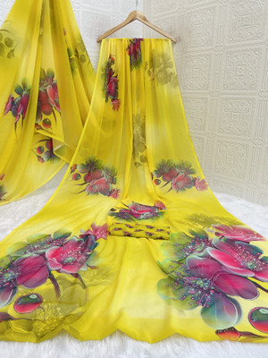 Pemal Designer Digital Print Bollywood Georgette Saree(Yellow)