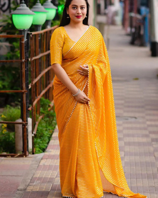 mamtasaree Striped Bollywood Net, Chiffon Saree(Yellow)