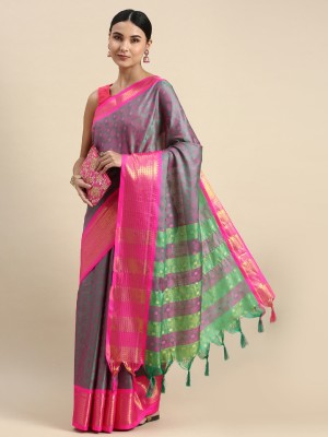KV Fashion Embellished Banarasi Cotton Silk Saree(Dark Blue, Pink)