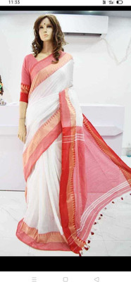 HouseOfCommon Solid/Plain Handloom Pure Cotton Saree(Red, White)