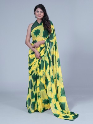 HouseOfCommon Printed Bollywood Chiffon Saree(Green, Yellow)