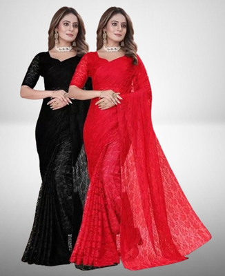 Amavii Floral Print Bollywood Net Saree(Pack of 2, Multicolor)