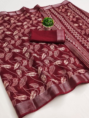 Hema Silk Mills Floral Print Bollywood Linen Saree(Maroon)