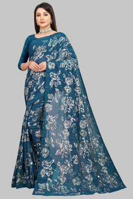 A To Z Cart Floral Print Bollywood Georgette Saree(White, Dark Blue)