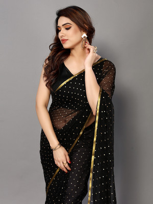 Desi Style Polka Print Daily Wear Net, Chiffon Saree(Black, Gold)
