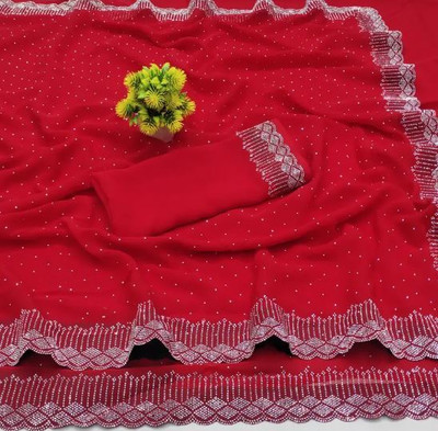 Prelax Solid/Plain, Embellished Saree with Attached Blouse Georgette Saree(Red)