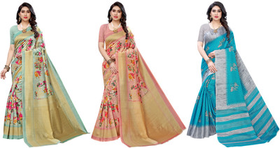 Nirvaan Printed Kasavu Art Silk Saree(Pack of 3, Light Green, Pink, Grey, Blue)