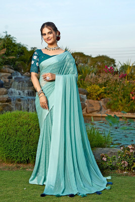 KONICA FAB Solid/Plain Bollywood Chiffon Saree(Dark Blue)