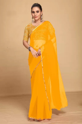 Desi Style Printed Bollywood Net, Chiffon Saree(Yellow)