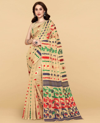 worvox Self Design, Woven Jamdani Cotton Linen Saree(Cream)