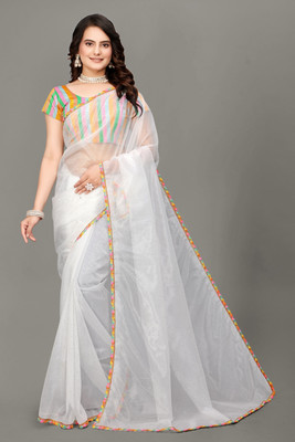 RE Renny Enterprise Embellished Bollywood Net Saree(White)