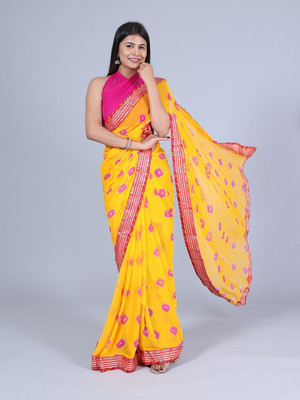 HouseOfCommon Color Block Leheria Chiffon Saree(Yellow, Pink)
