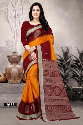 Tulsi Printed Sambalpuri Pure Cotton Saree(Orange, Maroon, Gold, Red)