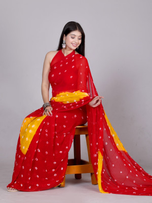 HouseOfCommon Printed Bandhani Chiffon Saree(Red)