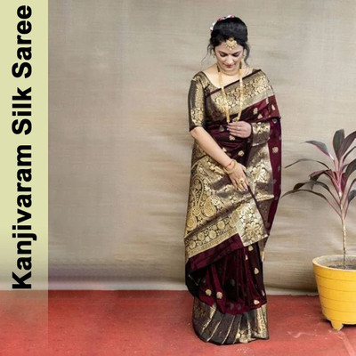 FAB WOVEN Woven Banarasi Silk Blend Saree with Unstitched Blouse(Maroon)