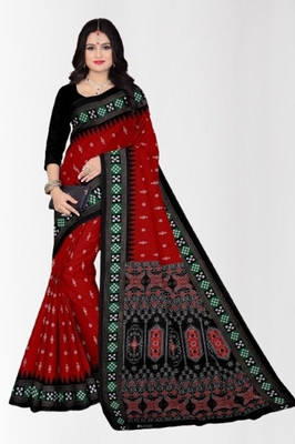 Odissi Fashion Printed Sambalpuri Pure Cotton Saree(Red, Black)