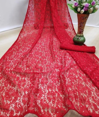 SwiftStyle Solid/Plain, Embroidered Daily Wear Net Saree(Red)