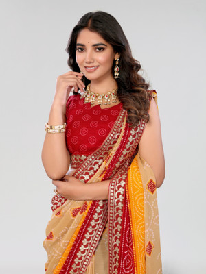 ANIRAV Printed Bandhani Georgette, Lace Saree(Maroon)
