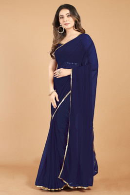 Snija Fashion Solid/Plain Bollywood Georgette Saree(Dark Blue)