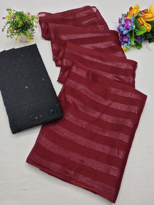 pravita Striped, Solid/Plain Bollywood Chiffon Saree(Maroon)