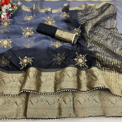 Pemal Designer Embroidered Bollywood Organza Saree(Grey)