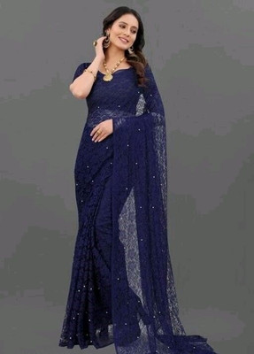 NORAFLEX Floral Print Daily Wear Net Saree(Blue)
