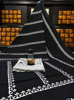 NIKHILAM Printed Ikkat Pure Cotton Saree(Black)