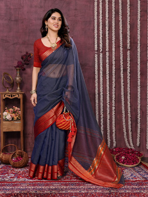 Sidhidata Checkered Kota Doria Cotton Blend Saree(Dark Blue)