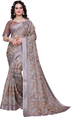 HouseOfCommon Floral Print Bollywood Cotton Linen Saree(Brown)