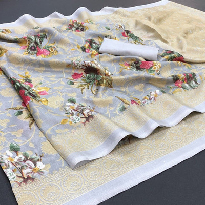 Kjs Floral Print Bollywood Cotton Blend Saree(Multicolor)