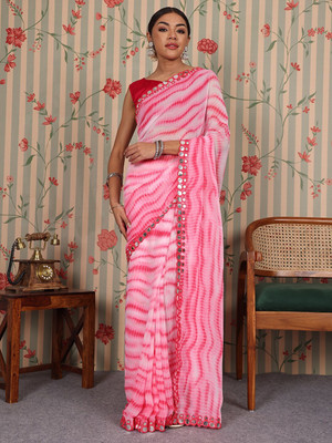 RUNAYA NX Printed Leheria Georgette Saree(Pink)