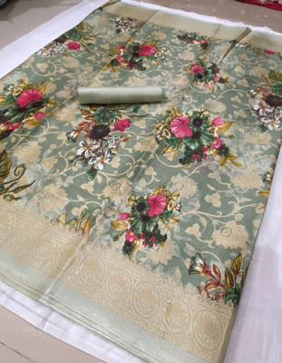 Kjs Floral Print Bollywood Cotton Blend Saree(Multicolor)