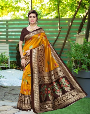 ShriSaree Floral Print Banarasi Cotton Silk Saree(Yellow)