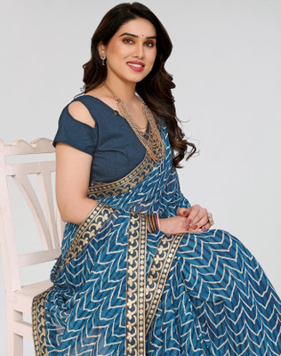 ANIRAV Printed Daily Wear Georgette, Lace Saree(Blue)