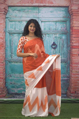 NIKHILAM Printed Daily Wear Pure Cotton Saree(Orange, White)