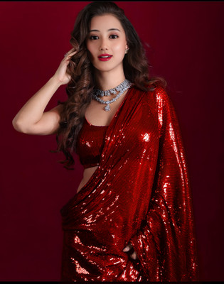 Anjani Textile Embroidered, Embellished Bollywood Georgette Saree(Red)