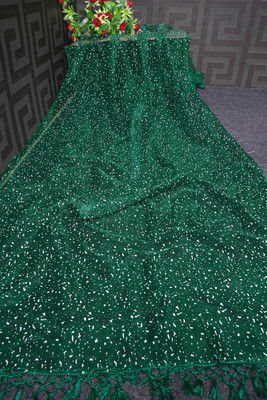 GZS Printed Banarasi Net Saree(Dark Green)