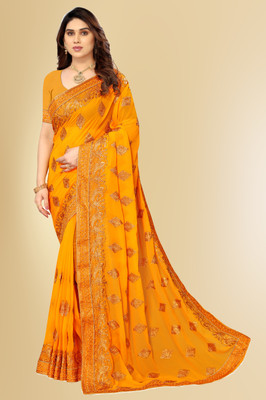b bella creation Embellished, Embroidered Bollywood Georgette Saree(Mustard)