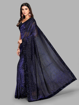 Vragi Printed Bollywood Lycra Blend Saree(Dark Blue)