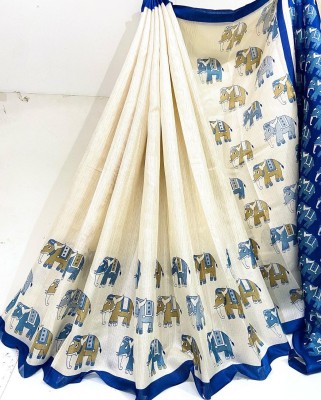 Kjs Printed Daily Wear Cotton Blend Saree(White)