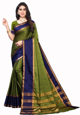 VJ FASHION Striped Bollywood Cotton Silk Saree(Green)