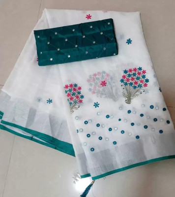 Raasan Creation Embroidered Chanderi Cotton Linen Saree(Pink)