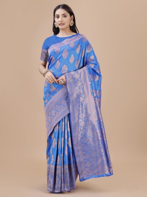 Magmina Woven, Floral Print, Geometric Print, Self Design, Embellished Banarasi Silk Blend Saree(Light Blue)