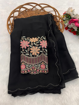 KONICA FAB Solid/Plain, Floral Print Bollywood Chiffon Saree(Black)