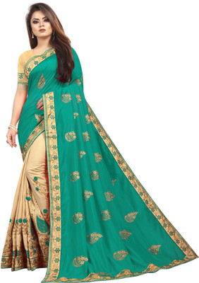 b bella creation Embroidered Bollywood Silk Blend Saree(Beige, Light Green)