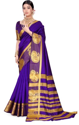 Jyanshu Creation Woven Banarasi Cotton Silk Saree(Dark Blue)