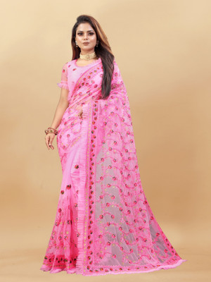 Apnisha Embroidered Bollywood Net Saree(Pink)