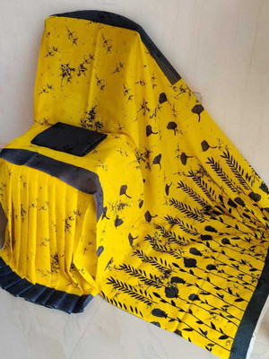 Sanganeri Print Printed Daily Wear Pure Cotton Saree(Yellow, Black)